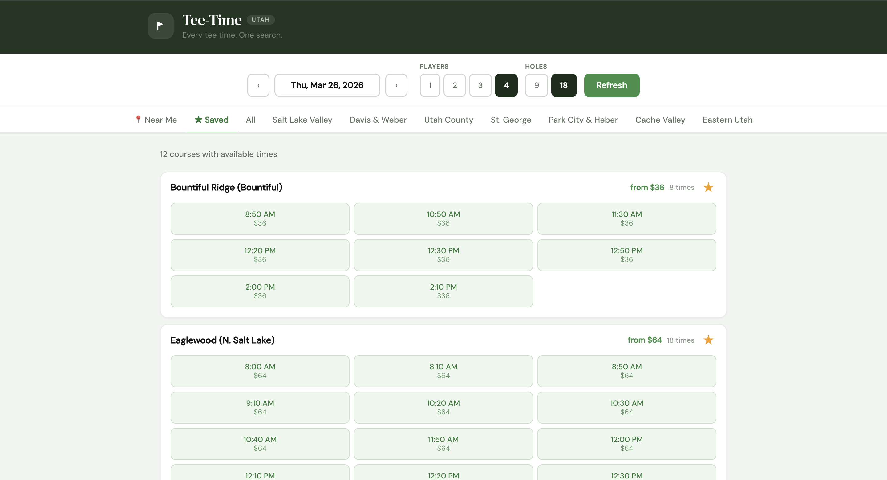 Tee-Time app on desktop